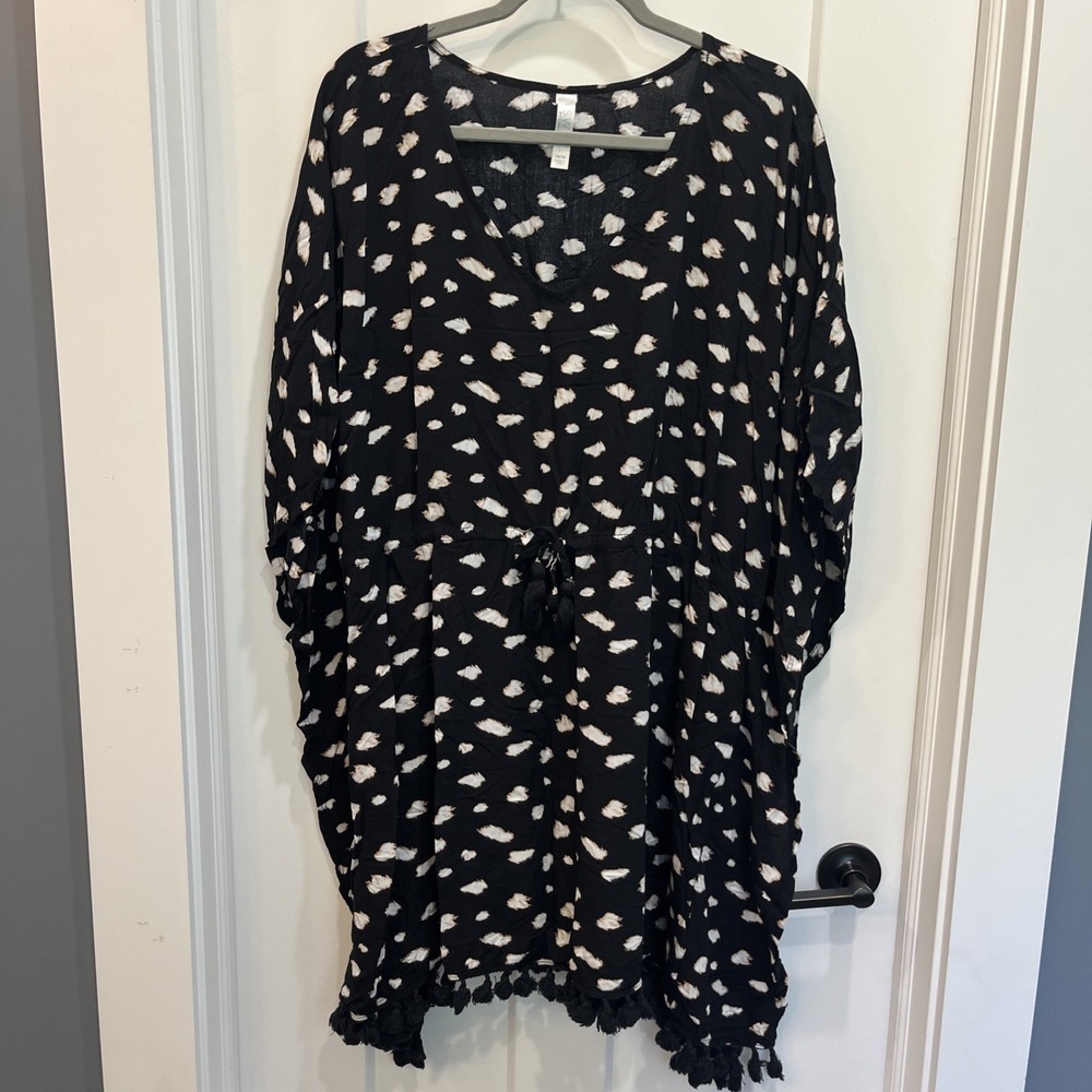 Cacique Swim Woven Dolman Coverup Animal Print Tassel Black Women's Sz 14/16